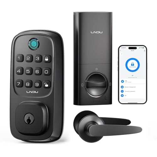 LNDU Smart Door Locks for Front Door, WiFi Smart Deadbolt Lock with Handle Set, Supports Fingerprint, Amazon Alexa, Google Assistant, App Control, Auto-Lock, One-Time Code, Anti-Peeking Password - Image 1