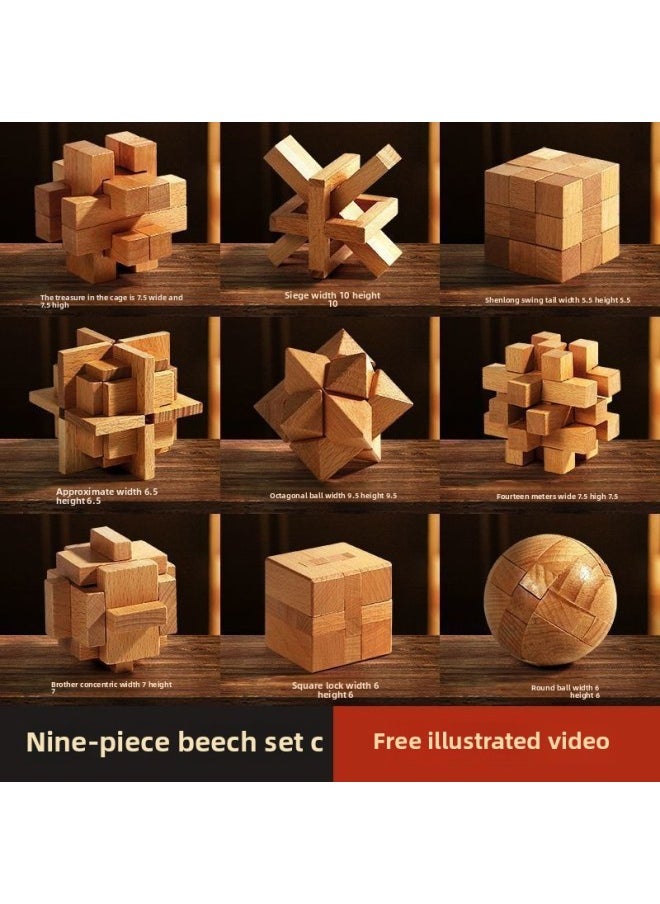 Generic - Luban Lock Kongming Lock Beech Wood Unlock Unleash Unleash Children's Educational Assembled Building Blocks Toys For Boys And Elementary School Students Cheap-Color:High-end Beech 9-piece Set C (recommended For Junior High School Students) - Image 1