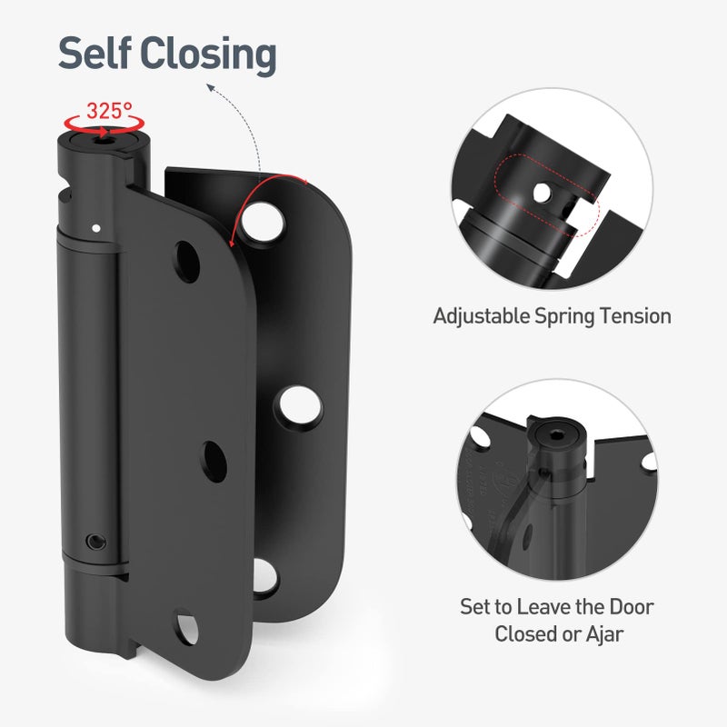 Hosom Self Closing Door Hinges 3.5 Inch Spring Loaded Hinges Adjustable Tension For Interior Door Ul Listed For Left And Right Hand Door 5/8'' Radius Corners Matte Black 3 Pack - Image 3