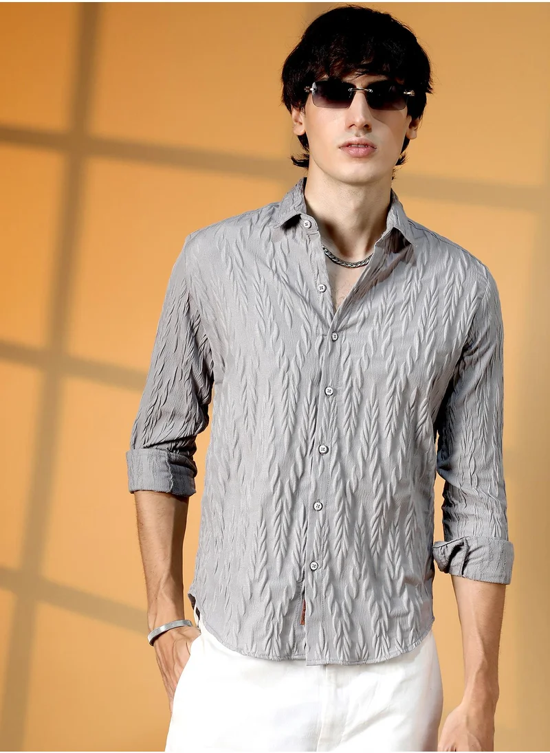 Campus Sutra Men's Coin Grey Grain-Textured Shirt