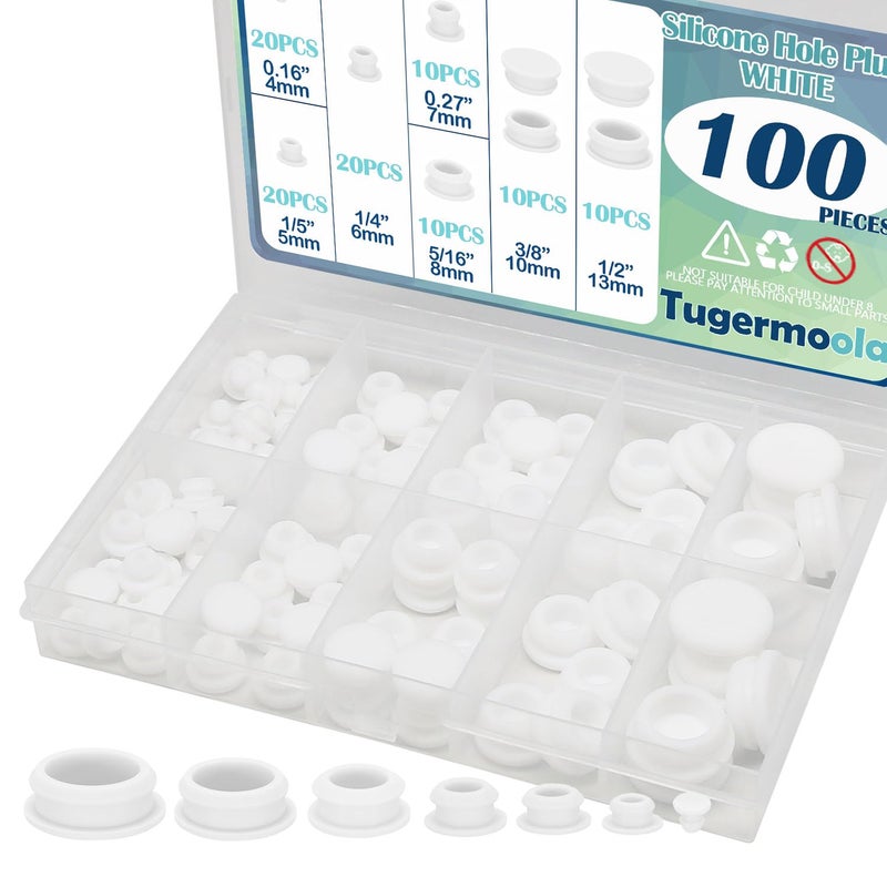 Tugermoola 100PCS 7 Sizes Silicone Hole Plug Rubber Plugs for Holes Assorted Sizes 1/5" 1/4" 5/16" 3/8" 1/2" Rubber Plug White - Image 1