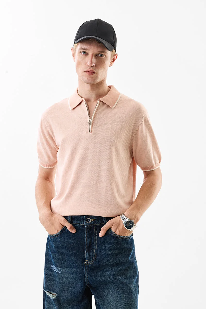 سنيتش Peach Solid Half Sleeve Slim Fit T-Shirt