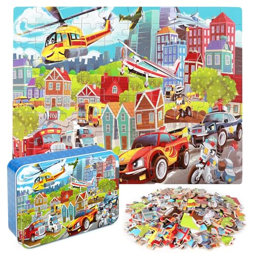 LELEMON Puzzles for Kids Ages 48 Transportation Vehicles Jigsaw Puzzles for Kids Boys Girls 100 Pieces Fire Truck Car Learning Educational Puzzles in a Metal Box - Image 1