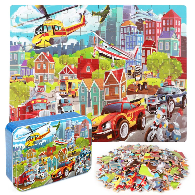 LELEMON Puzzles for Kids Ages 48 Transportation Vehicles Jigsaw Puzzles for Kids Boys Girls 100 Pieces Fire Truck Car Learning Educational Puzzles in a Metal Box - Image 2