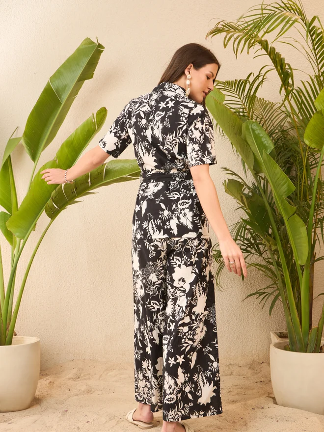 Take Two Black Floral Cotton Shirt with Belt and Trousers Co-Ords By Imana