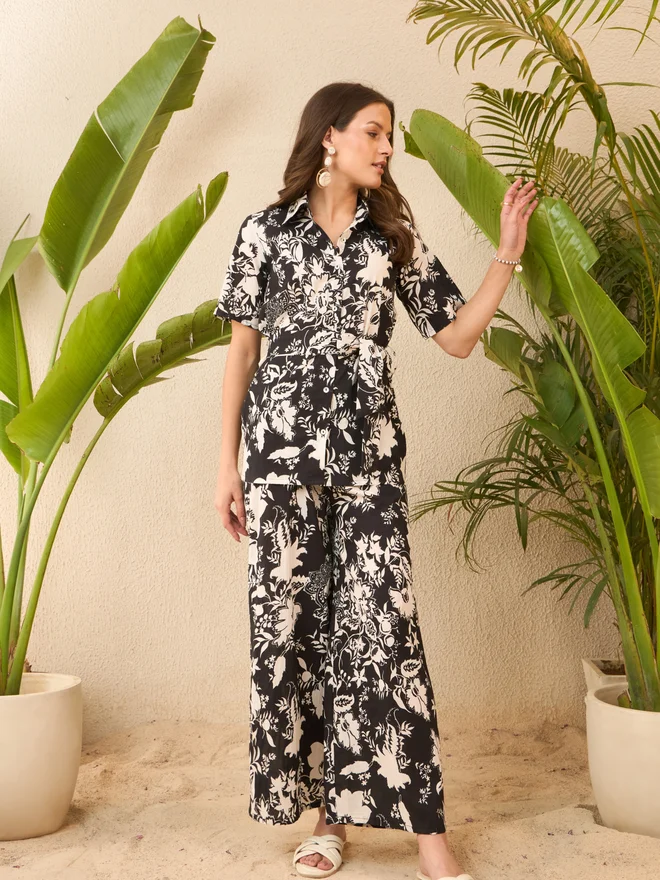 Take Two Black Floral Cotton Shirt with Belt and Trousers Co-Ords By Imana