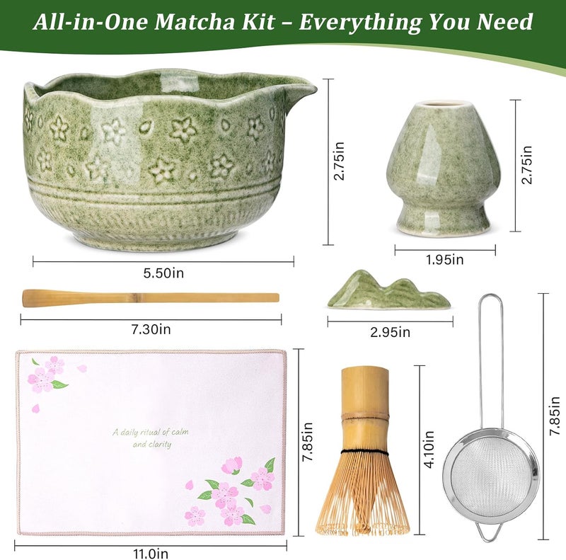 ALBISS Matcha Set, 7pcs Matcha Whisk Set with Matcha Whisk，Matcha Bowl，Hooked Tea Spoon，Sifter，Mat，Ceramics Cup & Stand，Perfect Green Tea Matcha Tool，Unique Gift for Matcha Lovers (green) - Image 2