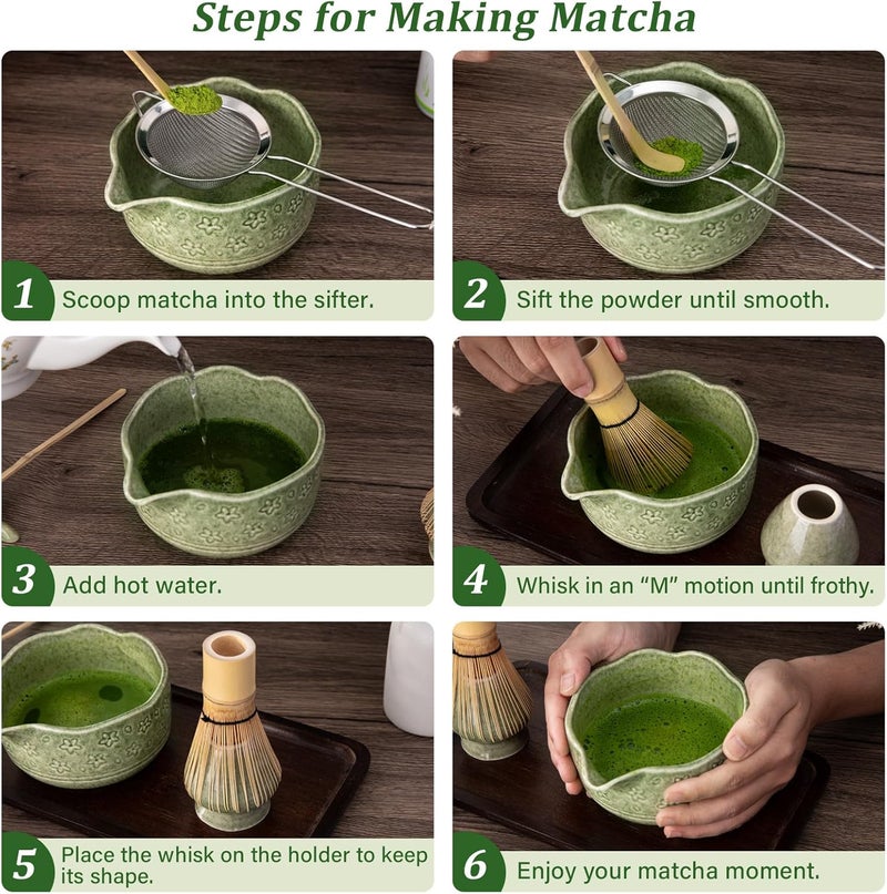 ALBISS Matcha Set, 7pcs Matcha Whisk Set with Matcha Whisk，Matcha Bowl，Hooked Tea Spoon，Sifter，Mat，Ceramics Cup & Stand，Perfect Green Tea Matcha Tool，Unique Gift for Matcha Lovers (green) - Image 4