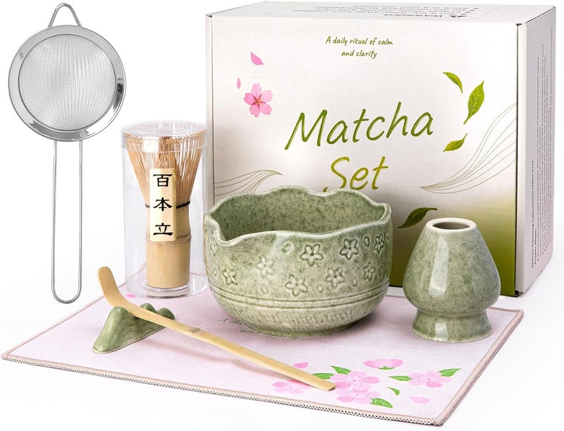 ALBISS Matcha Set, 7pcs Matcha Whisk Set with Matcha Whisk，Matcha Bowl，Hooked Tea Spoon，Sifter，Mat，Ceramics Cup & Stand，Perfect Green Tea Matcha Tool，Unique Gift for Matcha Lovers (green) - Image 1