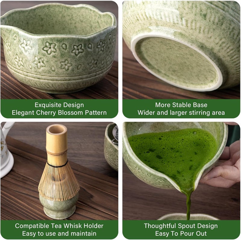 ALBISS Matcha Set, 7pcs Matcha Whisk Set with Matcha Whisk，Matcha Bowl，Hooked Tea Spoon，Sifter，Mat，Ceramics Cup & Stand，Perfect Green Tea Matcha Tool，Unique Gift for Matcha Lovers (green) - Image 3