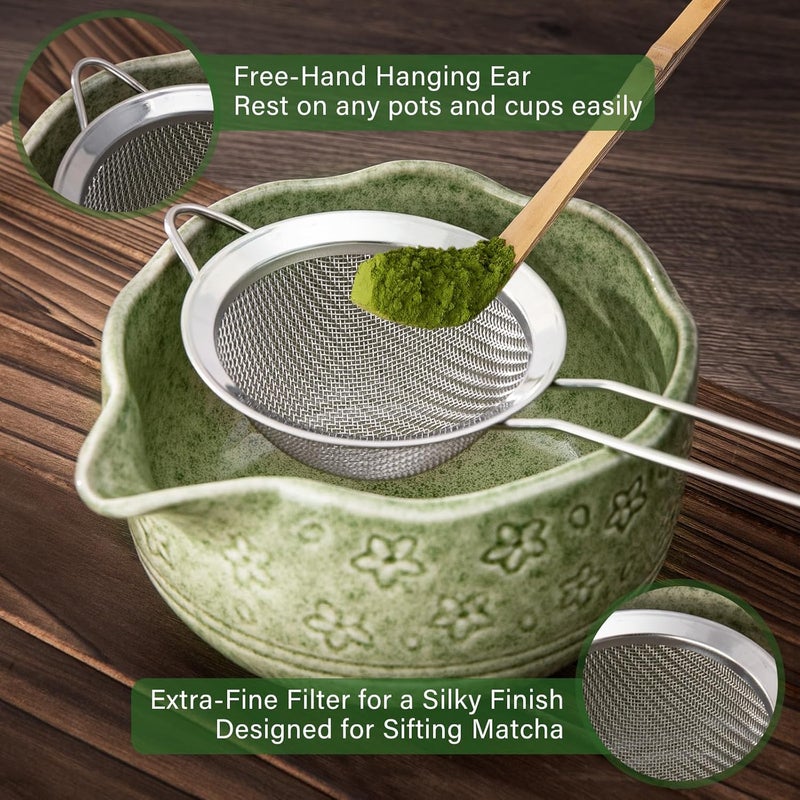 ALBISS Matcha Set, 7pcs Matcha Whisk Set with Matcha Whisk，Matcha Bowl，Hooked Tea Spoon，Sifter，Mat，Ceramics Cup & Stand，Perfect Green Tea Matcha Tool，Unique Gift for Matcha Lovers (green) - Image 5