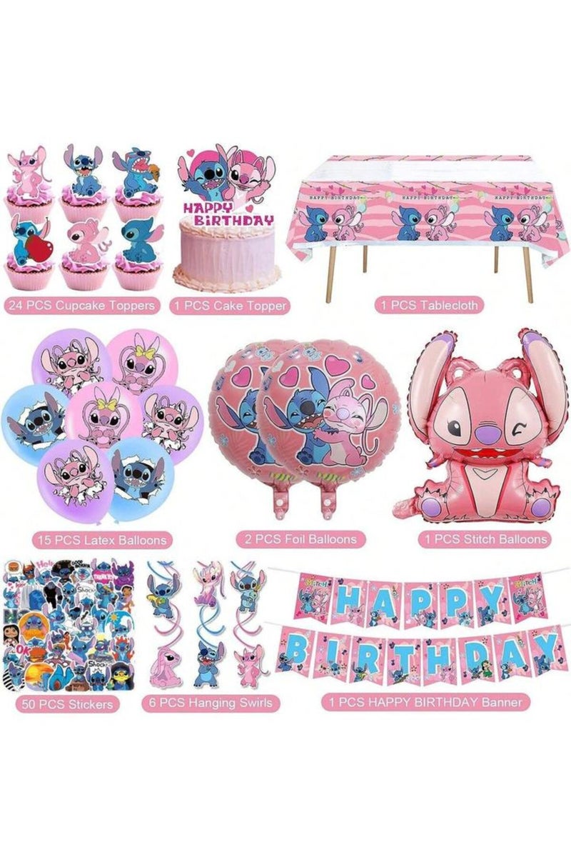 Other 101 Pieces New 101Pcs Pink Stitch-Themed Birthday Party Decoration Set Tableware Banner Latex