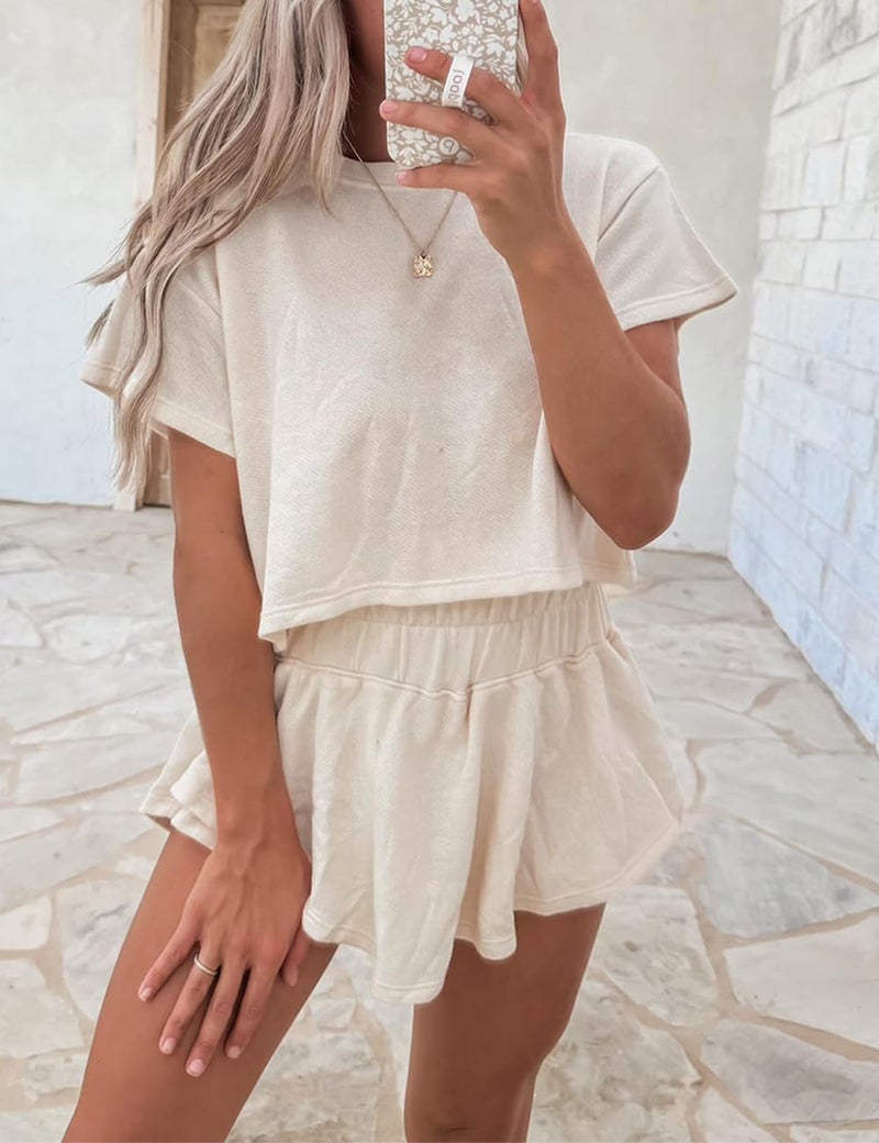 Ecosunny Women's Summer 2 Piece Sets Sweatsuits Casual Cropped Tee and Skort Set Matching Sets Trendy Lounge Outfits Beige S - Image 2