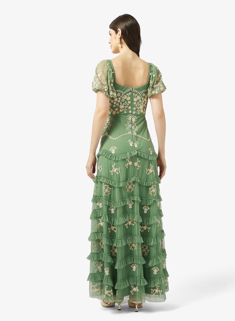 مايا فستان ماكسي مطرز بكشكشة وأكمام منفوشة ورقبة مربعة - Image 2