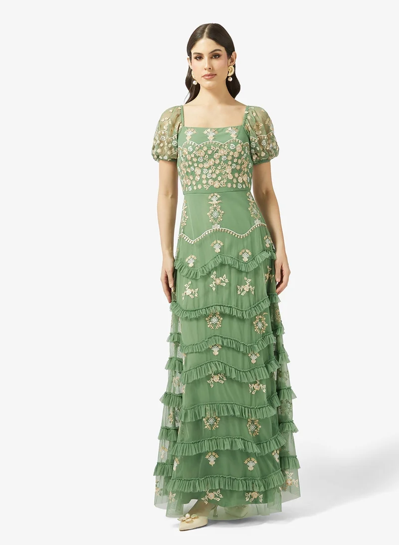 Maya  Puff Sleeve Square Neck Embroidered Ruffle Maxi Dress for Women | Best Price UAE