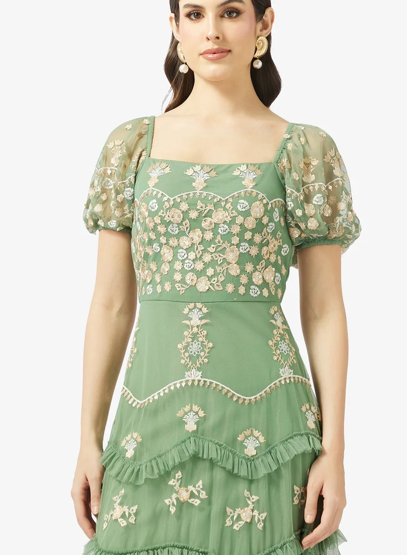 Maya  Puff Sleeve Square Neck Embroidered Ruffle Maxi Dress for Women | Best Price UAE