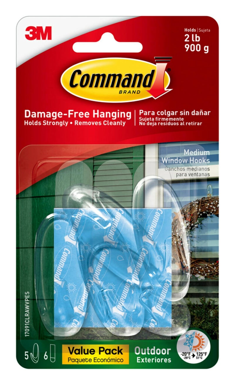 Command Outdoor Medium Window Hooks, Clear, Water-Resistant Adhesive, 5-Hooks, 6-Strips - Image 1