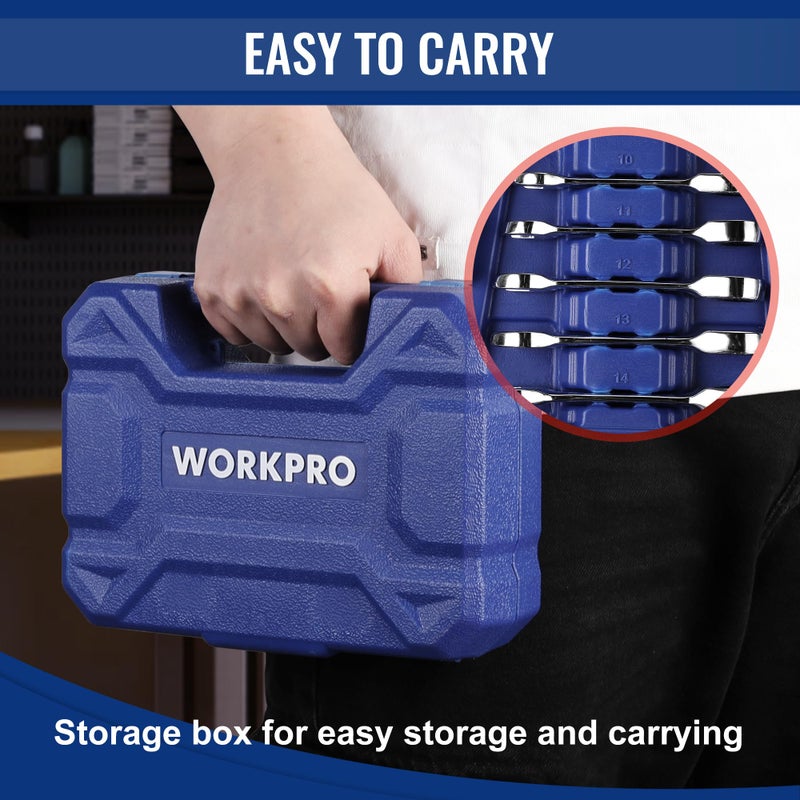 WORKPRO 14-Piece Ratcheting Combination Stubby Wrench Set, 72 Teeth, Combo Ratchet Wrenches Set with Organizer Box, SAE 3/8-3/4" & Metric 10-18mm - Image 5