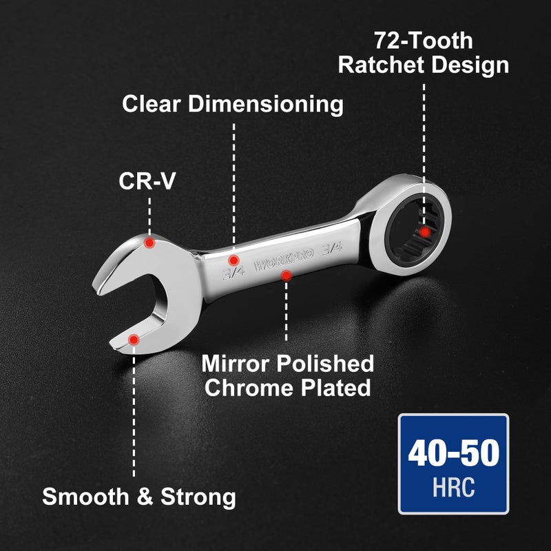 WORKPRO 14-Piece Ratcheting Combination Stubby Wrench Set, 72 Teeth, Combo Ratchet Wrenches Set with Organizer Box, SAE 3/8-3/4" & Metric 10-18mm - Image 3