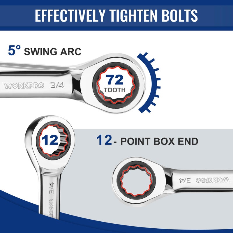 WORKPRO 14-Piece Ratcheting Combination Stubby Wrench Set, 72 Teeth, Combo Ratchet Wrenches Set with Organizer Box, SAE 3/8-3/4" & Metric 10-18mm - Image 4