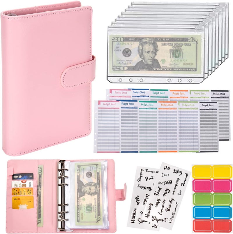 Afrodite Budget Binder Cash Envelopes for Budgeting Money Organizer for Cash Money Envelopes for Cash Leather A6 Budget Binder with Zipper envelopes (Pink) - Image 1