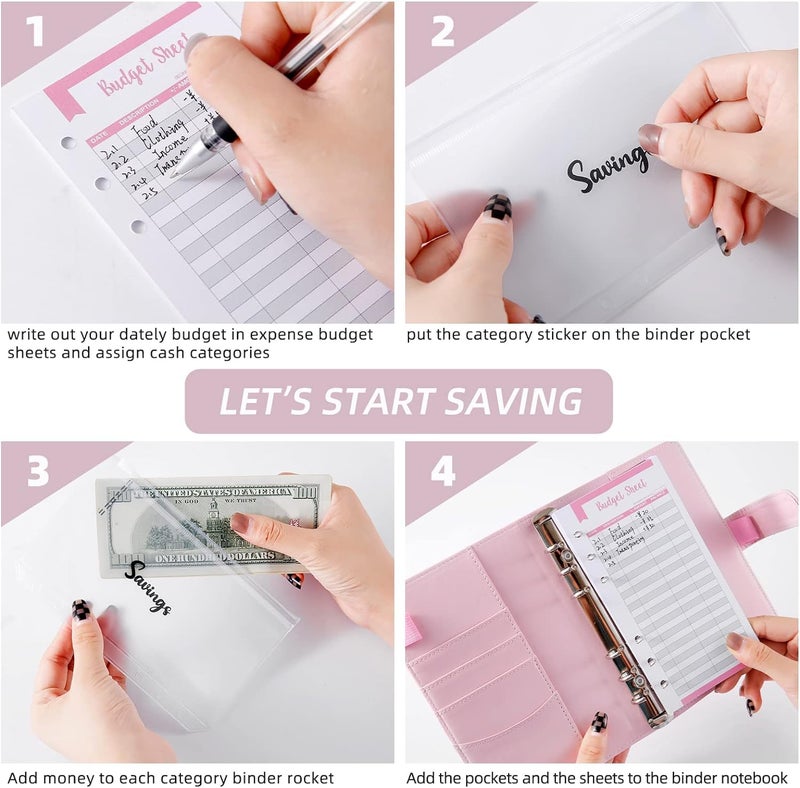Afrodite Budget Binder Cash Envelopes for Budgeting Money Organizer for Cash Money Envelopes for Cash Leather A6 Budget Binder with Zipper envelopes (Pink) - Image 3