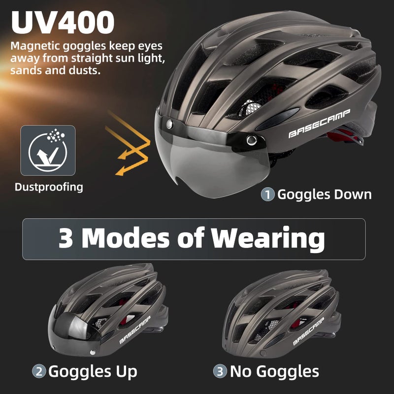 BASECAMP Bike Helmet, Basecamp Bicycle Helmet with Rear Light & Detachable Magnetic Goggles Lightweight Cycling Helmet Adjustable for Adult Men Women Mountain & Road (BC-069) - Image 2