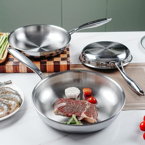 SLOTTET 10 Inch Tri-Ply Stainless Steel Frying Pan with Lid,Whole-Clad No Coatings Skillet with Stay-cool Handle for Cooking,Dishwasher and Oven Safe,Induction Pans - Image 2