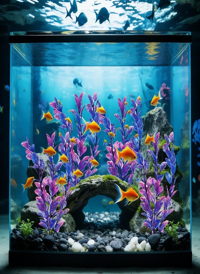 ROLYTA 4 Pack Plastic Aquarium Plant Set, 7.1 Inch Purple Artificial Fish Tank Plants with Base for Aquarium Decor Accessories Fish Tank Decorations - Image 2