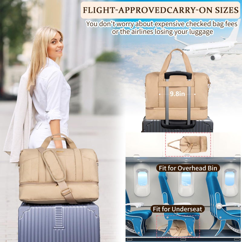 Stuery Lightweight Puffer Gym Bag for Women: Small Carry on Tote Bag for Travel with Shoe Compartment & Wet Pocket, Overnight Weekender Duffel for Airplane Traveling Girls & Teens, Khaki - Image 5
