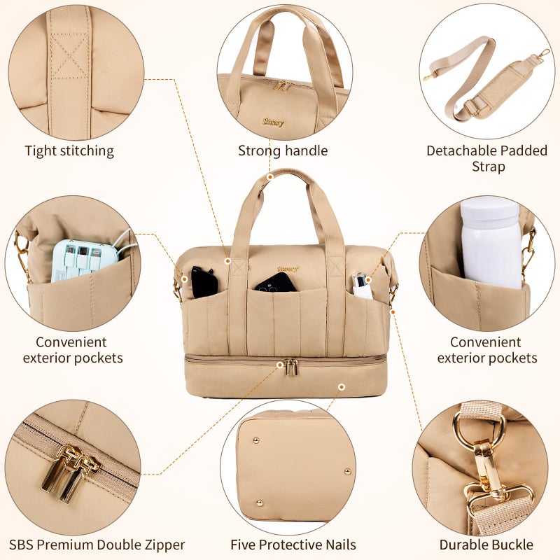 Stuery Lightweight Puffer Gym Bag for Women: Small Carry on Tote Bag for Travel with Shoe Compartment & Wet Pocket, Overnight Weekender Duffel for Airplane Traveling Girls & Teens, Khaki - Image 4