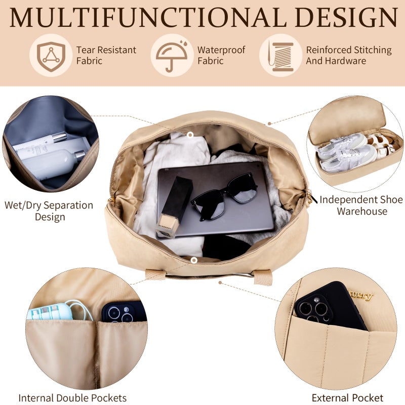 Stuery Lightweight Puffer Gym Bag for Women: Small Carry on Tote Bag for Travel with Shoe Compartment & Wet Pocket, Overnight Weekender Duffel for Airplane Traveling Girls & Teens, Khaki - Image 3
