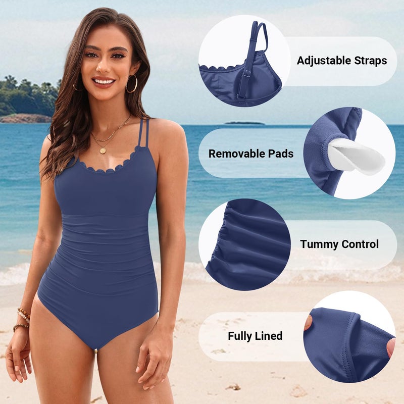 Daci Blue Womens One Piece Swimsuit Tummy Control - Slimming Bathing Suit Scalloped Neck Full Coverage Swimwear 2025 L - Image 3