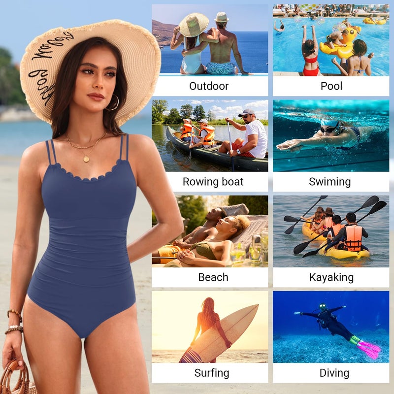 Daci Blue Womens One Piece Swimsuit Tummy Control - Slimming Bathing Suit Scalloped Neck Full Coverage Swimwear 2025 L - Image 4