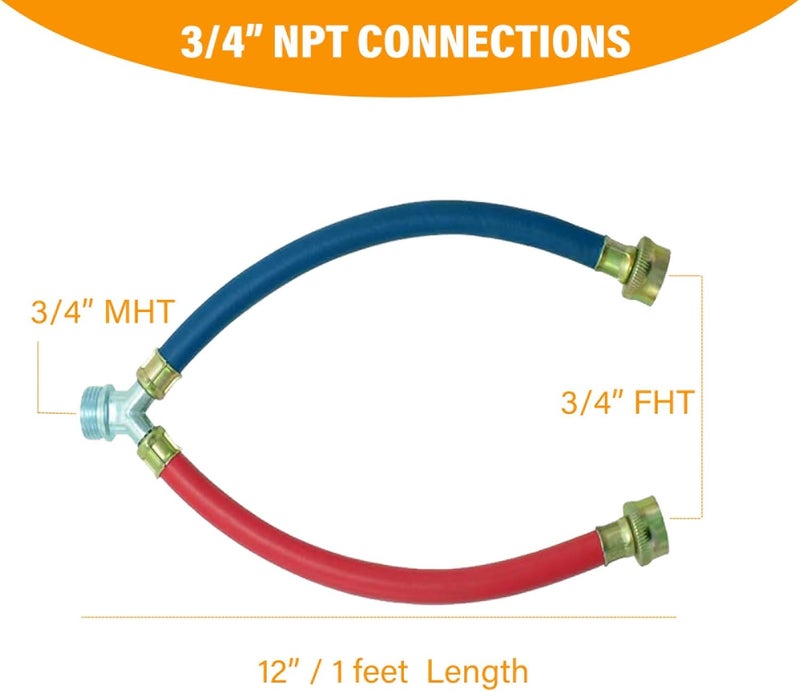PEVEPEXE Hot Cold Washer Hose Rubber Y Mixer Plumbing Connector Burst Proof Water Line Hoses For All Washing Machine and Dryer, 3/4" Fittings, 1 FT Length - Image 2