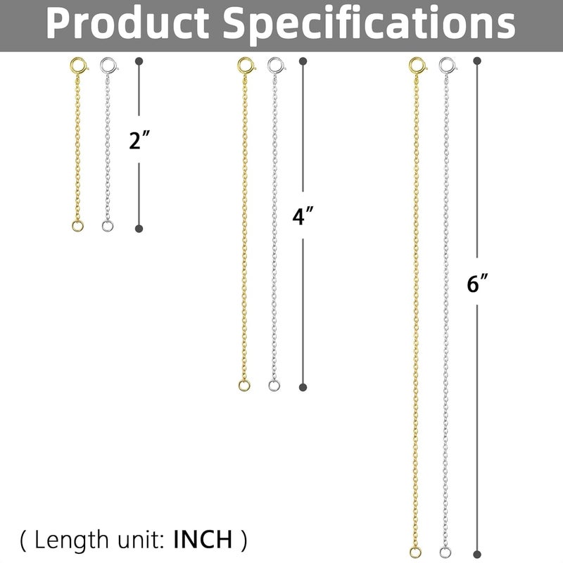 VANBARIS Necklace Extenders for Women, Gold Necklace Extender Gold and Silver - 6 Piece Set (2, 4, 6 Inches) - Image 3