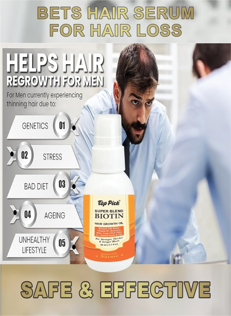 Top Pick Super Blend Rosemary Mint Biotin Hair Growth Oil with Vit B5 & E, Argan Oil & 21+ Natural Herbs & Oils For Scalp & Hair Strengthening Oil – Controls Hair Fall and Promotes Healthy Hair Growth 50ML