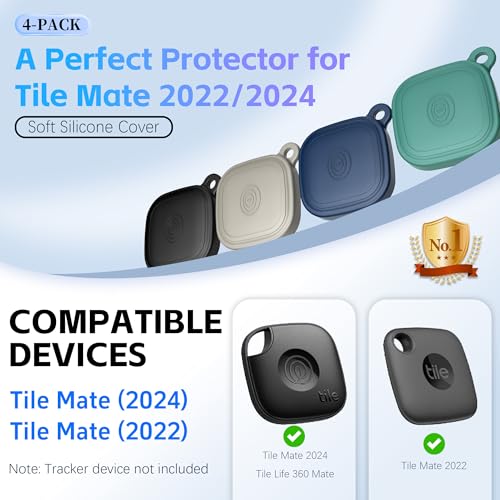 FGERWZ (4-Pack) Silicome Case for Tile Mate 2024, Waterproof Tile Mate Holder Full Body Protective Cover Compatible with Life360 Mate Tile Tracker with Keychain (Black/Off White/Blue/Green) - Image 2
