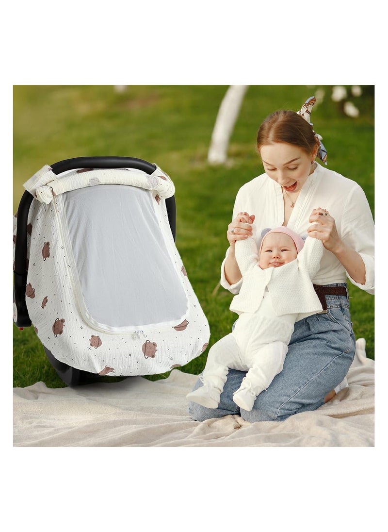 Generic Summer Baby Car Seat Canopy, Lightweight Infant Carseat Canopy, Muslin Cotton Baby Car Seat Cover with Breathable Mesh Window Windproof Carseat Cover for Babies, Newborn Babies Shower Gift (White)  - Image 2