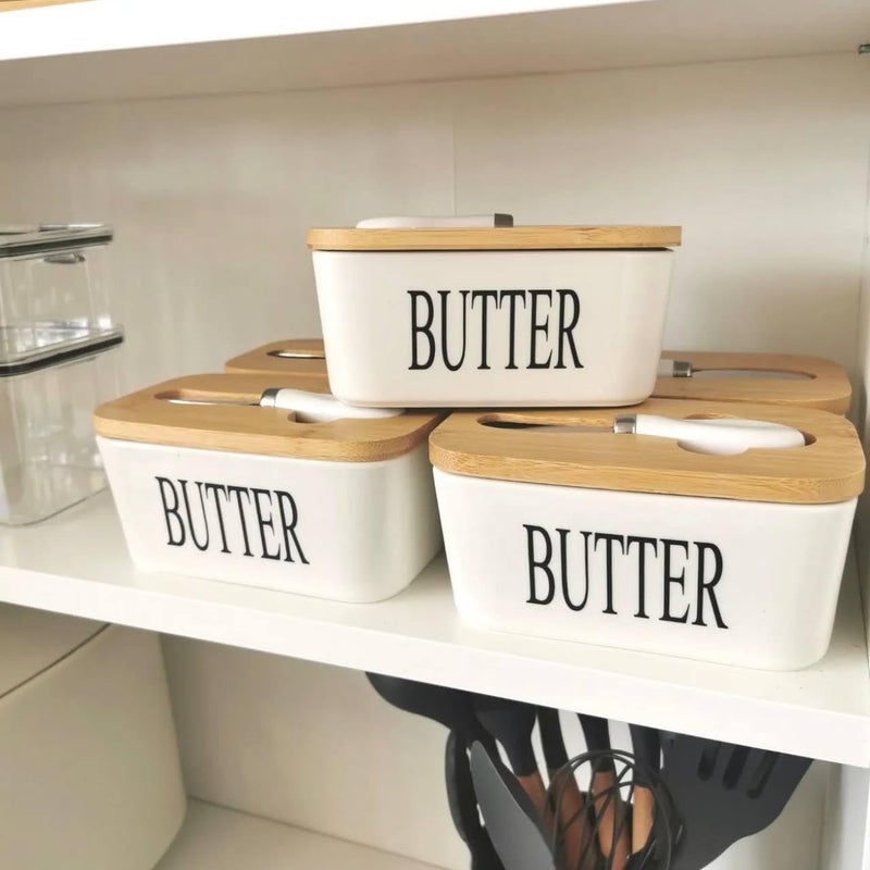 Ceramic Butter Dish with Wooden Lid and Spreader Knife - White - Image 3
