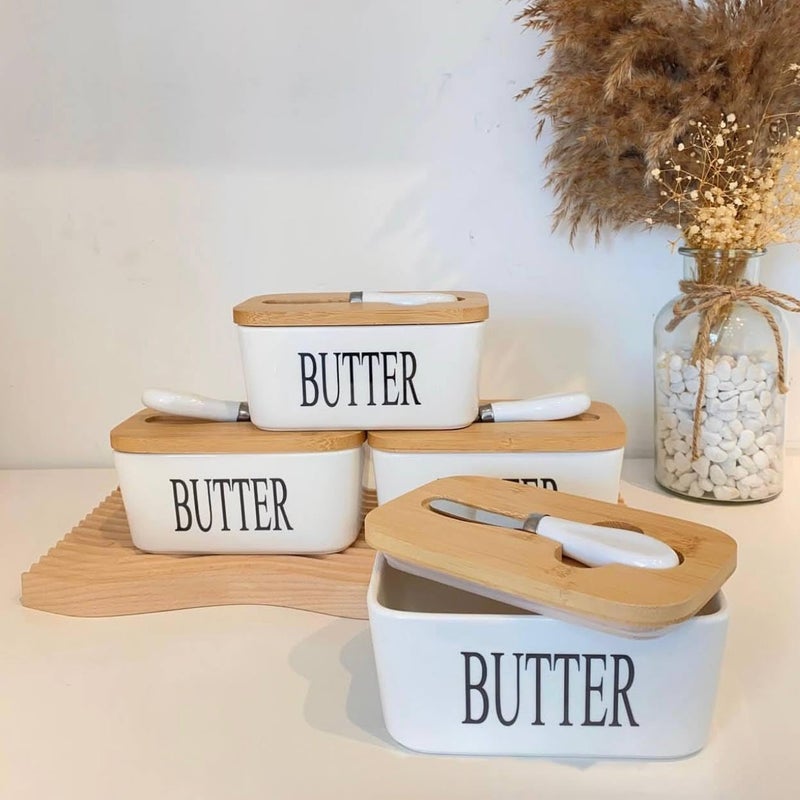 Ceramic Butter Dish with Wooden Lid and Spreader Knife - White - Image 4