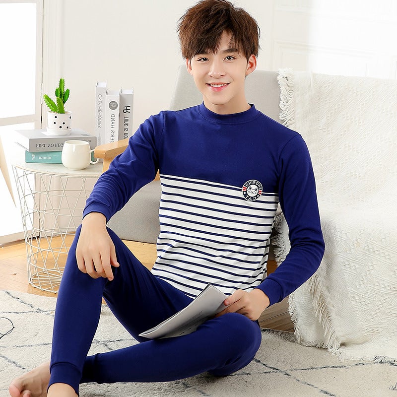 Juvenile Underwear Set Autumn Clothes and Pants for Boys and Girls Pure Cotton Thin Junior High School Students Cotton Sweater Thermal Underwear Huhu-navy striped mid-collar
