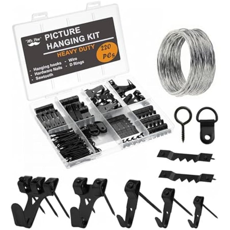 مستر.بين - مجموعة  الصور، 220 قطعة، اسود، شماعات الصور، مسامير ل الصور، شماعات الحائط، خطافات  الصور، ادوات  الاطار، خطافات صور، مجموعة  على الحائط - Image 1