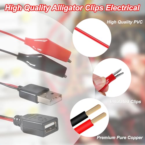 MELIFE 4PCS USB to Alligator Clip Adapter Cable, 24AWG 2PCS Male USB to Alligator Clip Jumper Probe, 2Pcs Female USB to Dual Copper Alligator Clip Test Leads 60cm / 1.96 ft for Testing The Circuit - Image 2