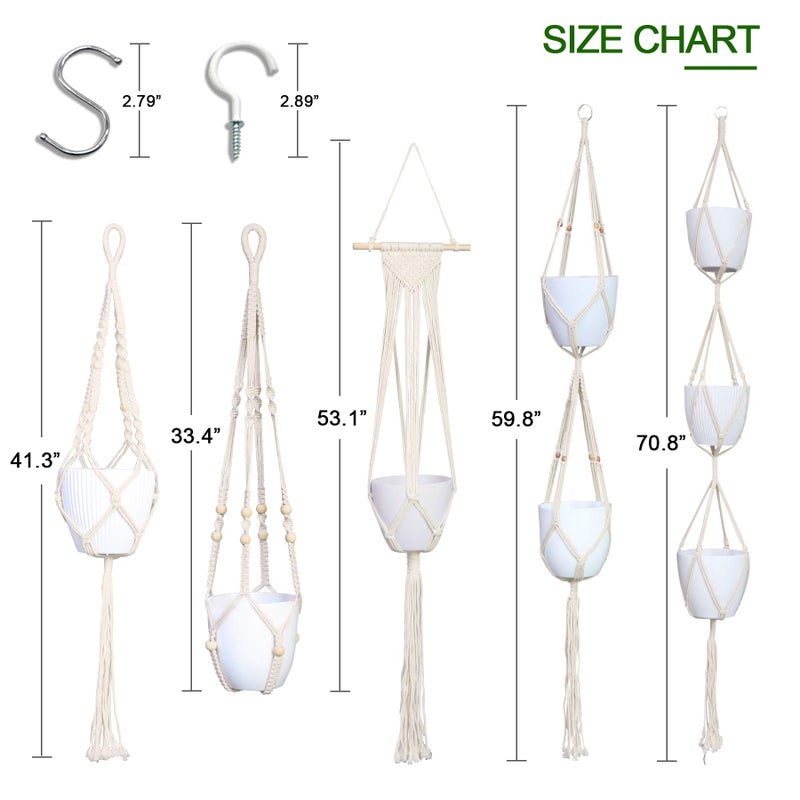 IGaiety Macrame Plant Hanger 5 Pcs Indoor Outdoor Hanging Plant Holders Handmade Plant Hangers Cotton Rope Planters with 5 Pcs Ceiling and S Hooks for Small Plants Pots Boho Home Decor - Image 2