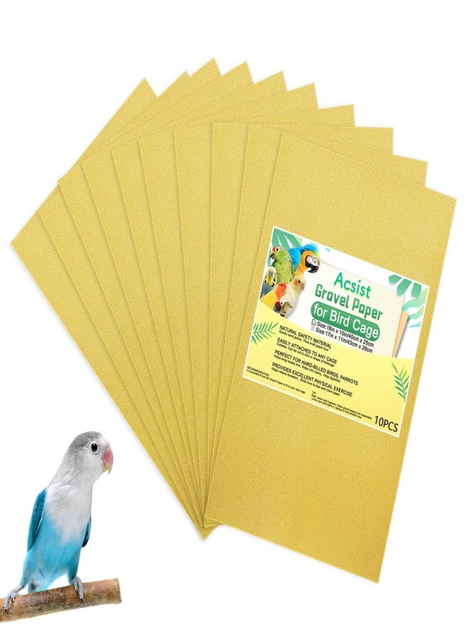 Acsist 10PCS Gravel Paper for Bird Cage, 16 x 10 inch Cuttable Sea Sand Paper Liners, Calcium Sandpaper for Hard-Billed Birds, Bird Cage Liners for Parrots,Cockatiels & All Your Feathered Friends