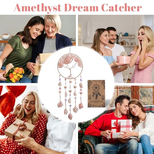 Dreamocean Pink Dream Catchers Crystal Tree of Life Dreamcatcher with Rose Quartz Butterfly Crystal Suncatcher Prism Hangings Wall Window Bedroom Room Decor Gift for Girls Boys Adults - Image 5