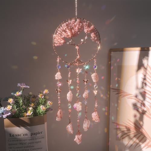 Dreamocean Pink Dream Catchers Crystal Tree of Life Dreamcatcher with Rose Quartz Butterfly Crystal Suncatcher Prism Hangings Wall Window Bedroom Room Decor Gift for Girls Boys Adults - Image 1