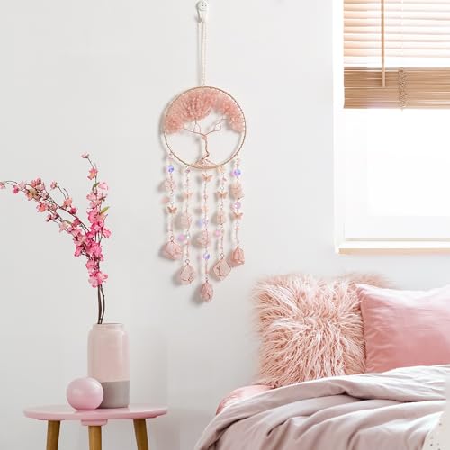 Dreamocean Pink Dream Catchers Crystal Tree of Life Dreamcatcher with Rose Quartz Butterfly Crystal Suncatcher Prism Hangings Wall Window Bedroom Room Decor Gift for Girls Boys Adults - Image 2