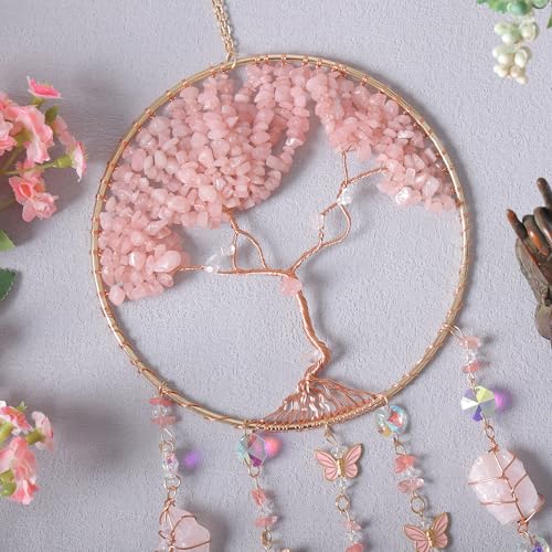 Dreamocean Pink Dream Catchers Crystal Tree of Life Dreamcatcher with Rose Quartz Butterfly Crystal Suncatcher Prism Hangings Wall Window Bedroom Room Decor Gift for Girls Boys Adults - Image 3